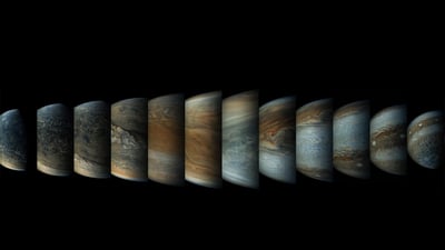 Bing wallpaper October 4, 2019. Sequence of enhanced-color images of Jupiter (© Enhanced image by Gerald Eichstädt and Seán Doran, CC BY-NC-SA, based on images provided courtesy of NASA/JPL-Caltech/SwRI/MSSS)