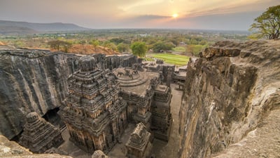 Bing wallpaper April 13, 2022. Kailasa Temple in Ellora Caves compound in Maharashtra, India (© Mazur Travel/Shutterstock)