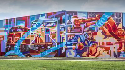 Bing wallpaper September 2, 2024. 'Power of the Titans' mural by Andrei Krautsou, North Kansas City, Missouri (© Stephen Taylor/Alamy)
