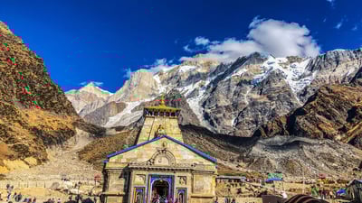 Bing wallpaper March 10, 2021. Kedarnath temple and mountains in Uttarakhand, India (© Shakti Om Singh/EyeEm/Getty Images)