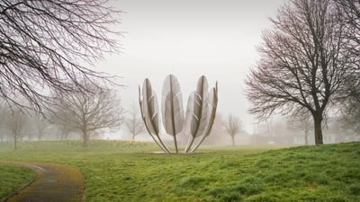 Bing wallpaper November 1, 2021. The sculpture 'Kindred Spirits' by Alex Pentek in Bailick Park, Midleton, County Cork, Ireland (© David Creedon/Alamy Live News/Alamy)