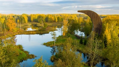 Bing wallpaper November 7, 2023. Kirkilai lakes and lookout tower, Biržai Regional Park, Lithuania (© MNStudio/Shutterstock)