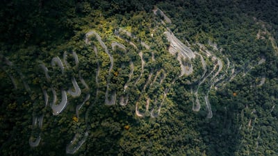 Bing wallpaper April 5, 2022. Hairpin bends in Kolli Hills in Tamil Nadu, India (© Surangaw/iStock/Getty Images Plus)