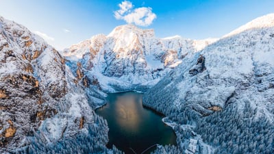 Bing wallpaper February 17, 2024. The Pragser Wildsee in the Dolomites, South Tyrol, Italy (© Marco Bottigelli/Getty Images)