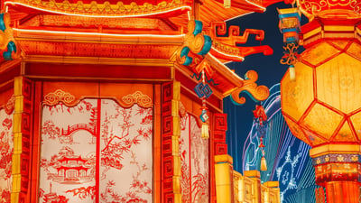 Bing wallpaper March 2, 2026. 元宵节期间悬挂的宫灯，北京自贡灯会现场，北京，中国 (© Grisha Bruev/Shutterstock)