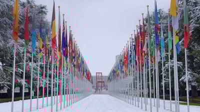 Bing wallpaper January 9, 2020. Flags outside the UN's Palace of Nations in Geneva, Switzerland (© Mustafa Yalcin/Anadolu Agency/Getty Images)
