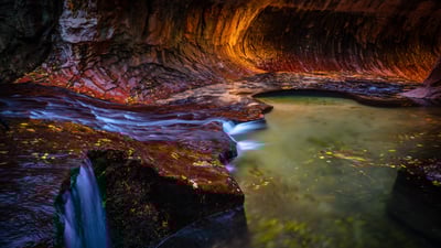 Bing wallpaper November 19, 2021. The Subway slot canyon in Zion National Park, Utah (© Stan Moniz/Tandem Stills + Motion)