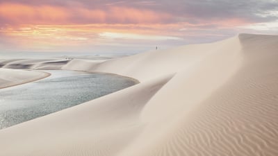 Bing wallpaper October 31, 2024. Sunset in Lençóis Maranhenses National Park, Maranhão, Brazil (© thanosquest/Shutterstock)