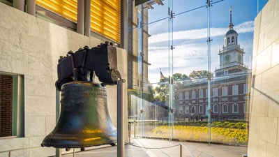 Bing wallpaper July 4, 2026. Liberty Bell and Independence Hall, Independence National Historical Park, Philadelphia, Pennsylvania (© f11photo/Shutterstock)