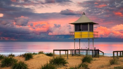Bing wallpaper September 15, 2020. Lifeguard shack at sunset on the beach at The Entrance, Central Coast, New South Wales, Australia (© Yury Prokopenko/Getty Images)