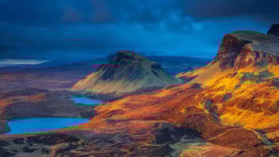 Bing wallpaper November 3, 2020. Loch Leum na Luirginn and Loch Cleat seen from the Quiraing, Isle of Skye, Scotland, U.K. (© Sebastian Wasek/Sime/eStock Photo)