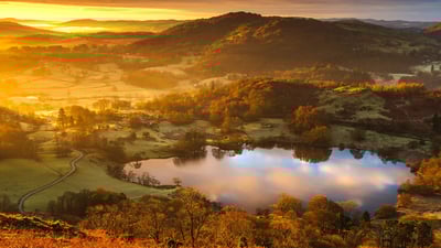 Bing wallpaper March 21, 2020. Sunrise at Loughrigg Tarn, Ambleside, Lake District, England (© John Finney photography/Getty Images)
