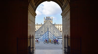 Bing wallpaper July 18, 2021. Tour de France riders in front of the Louvre Pyramid and Museum in Paris, France, during the 2020 race (© Martin Bureau/AFP via Getty Images)