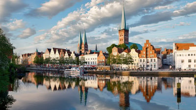 Bing wallpaper August 17, 2023. Altstadt und die Trave, Lübeck, Schleswig-Holstein (© Harald Nachtmann/Getty Images)