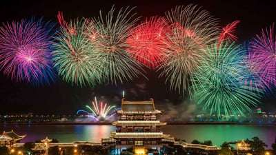 Bing wallpaper January 27, 2025. 夜空中的烟花表演，长沙，湖南省，中国 (© Sino Images/Getty Images)