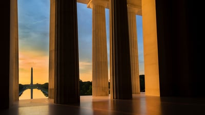 Bing wallpaper January 19, 2026. Washington Monument seen from Lincoln Memorial, Washington, DC (© RickSause/Getty Images)