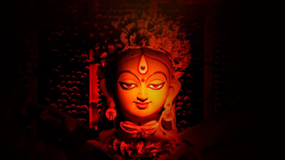 Bing wallpaper October 18, 2026. Goddess Durga idol in a pandal (© shouvik mondal/iStock/Getty Images)