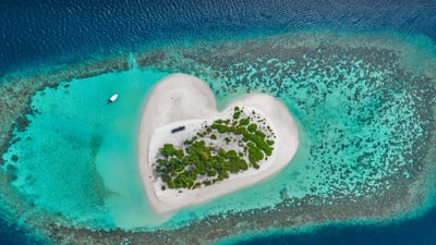 Bing wallpaper February 14, 2022. Heart-shaped island with sandy beach, offshore coral reef, Indian Ocean, Maldives (© Willyam Bradberry/Shutterstock)