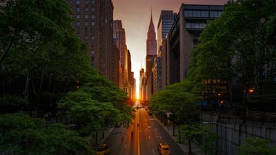Bing wallpaper May 30, 2019. 42nd Street with the Chrysler Building during Manhattanhenge in 2018, New York City (© Dennis Fischer Photography/Getty Images)
