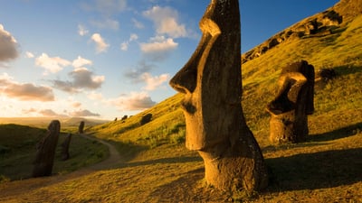 Bing wallpaper April 18, 2026. Moai statue quarry, Rano Raraku, Easter Island, Chile (© Gavin Hellier/Alamy)