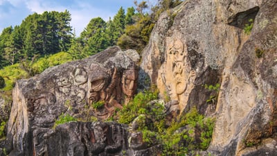 Bing wallpaper August 9, 2025. Ngātoroirangi Mine Bay Māori Rock Carvings on Lake Taupō, New Zealand (© Joppi/Getty Images)