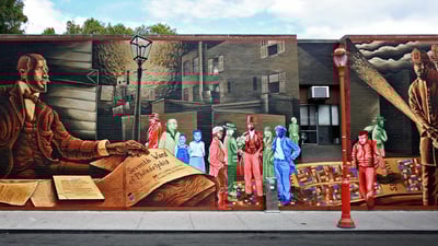 Bing wallpaper February 1, 2020. 'Mapping Courage: Honoring W.E.B. Du Bois & Engine #11,' a mural by Willis Humphrey, Philadelphia, PA (© Christian Carollo/Shutterstock)