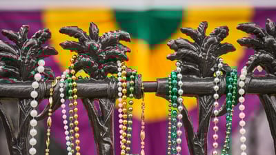 Bing wallpaper February 13, 2024. Mardi Gras beads in the Marigny, New Orleans (© Erik Pronske Photography/Getty Images)