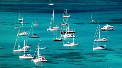 Bing wallpaper October 13, 2024. Bateaux dans la baie de Marigot, Terre-de-Haut, archipel des Saintes, Guadeloupe (© Tan Yilmaz/Getty Images)
