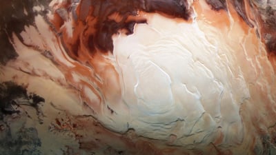 Bing wallpaper August 12, 2019. Mars Express image of the icy cap at Mars’ south pole (© ESA/DLR/FU Berlin/Bill Dunford)