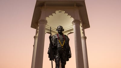 Bing wallpaper January 29, 2024. The biggest Mahatma Gandhi statue in Pondicherry (© Geraint Rowland Photography/Getty Images)