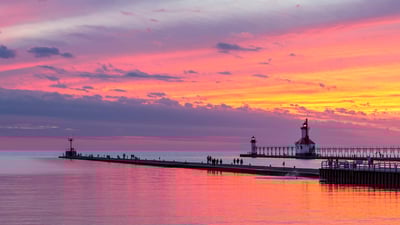Bing wallpaper August 7, 2024. St. Joseph North Pier Inner and Outer Lights, Michigan (© Kenneth Keifer/Getty Images)