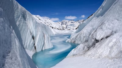 Bing wallpaper April 1, 2024. Mer de Glace on the Mont Blanc massif, Chamonix, France (© Hagenmuller Jean-François/Hemis/Alamy)