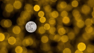 Bing wallpaper December 17, 2021. The December full moon seen through holiday lights (© Jesus Merida/Getty Images)
