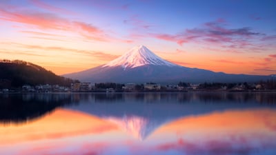Bing wallpaper February 23, 2025. Mount Fuji at sunrise, Lake Kawaguchi, Japan (© Twenty47studio/Getty Images)