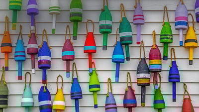 Bing wallpaper August 21, 2020. Multicolored lobster buoys, Acadia National Park, Maine (© Cheri Alguire/Shutterstock)
