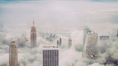Bing wallpaper March 27, 2023. New York City skyline in fog (© Orbon Alija/Getty Images)