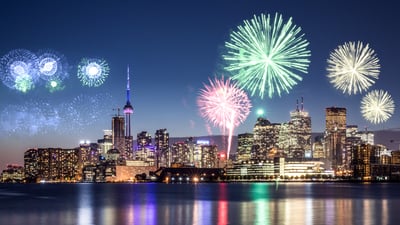 Bing wallpaper December 31, 2025. New Year's Eve fireworks in Toronto (© LeoPatrizi/Getty Images)