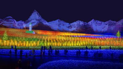 Bing wallpaper December 27, 2020. Nabana no Sato garden at night in Kuwana, Japan (© Zoonar GmbH/Alamy)