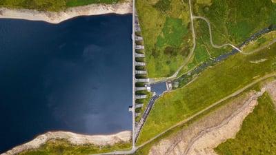 Bing wallpaper May 12, 2020. High angle view of Nant-y-Moch dam and reservoir, near Aberystwyth (© Jake Gardener/EyeEm/Getty Images)