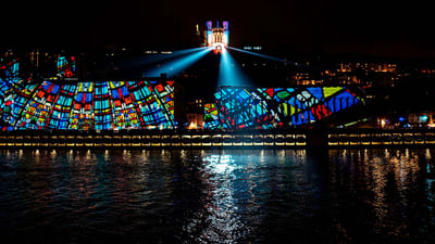 Bing wallpaper December 4, 2019. Basilique Notre Dame de Fourvière à Lyon pendant la Fête des Lumières (© Jean-Philippe Ksiazek/AFP/Getty Images)