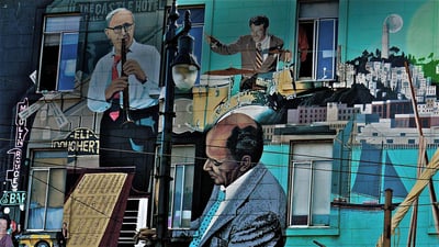 Bing wallpaper April 30, 2022. The North Beach Jazz Mural created by Bay Area artist Bill Weber in San Francisco (© Kosso/Getty Images)
