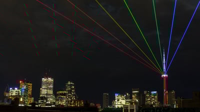 Bing wallpaper September 23, 2023. The light installation 'Global Rainbow' by artist Yvette Mattern (© David Cooper/Contributor/Getty Images)