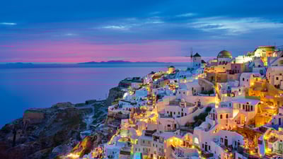 Bing wallpaper October 13, 2025. Village of Oia, Santorini, Greece (© f9photos/Getty Images)