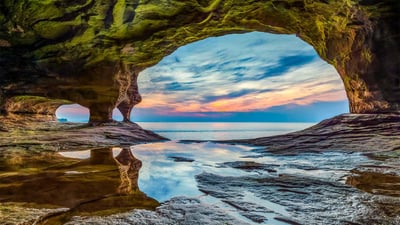 Bing wallpaper August 31, 2020. Cavern in Pictured Rocks National Lakeshore on Lake Superior, Michigan (© Kenneth Keifer/Getty Images)