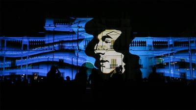 Bing wallpaper March 21, 2020. Portrait of poet Pablo Neruda projected on building, Santiago, Chile (© Mario Tellez/Anadolu Agency/Getty Images)