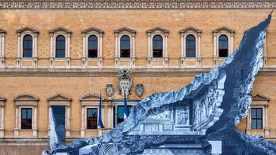 Bing wallpaper April 1, 2024. 'Vanishing Point' by French street artist JR on the facade of Palazzo Farnese, Rome, Italy (© Fabrizio Troiani/Alamy)