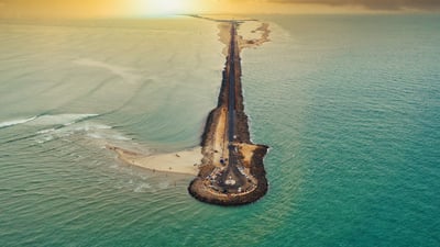 Bing wallpaper March 16, 2024. Dhanushkodi, Rameshwaram harbour, Pamban bridge and near by areas (© gulfu photography/Getty Images)