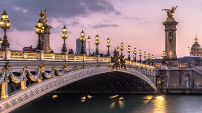 Bing wallpaper January 18, 2024. Pont Alexandre III at twilight, Paris, France (© Sizun Eye/Getty Images)