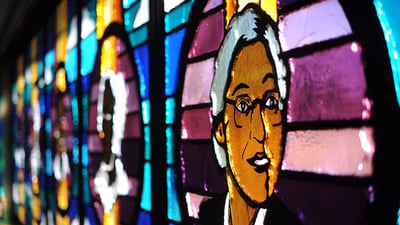 Bing wallpaper February 4, 2026. Rosa Parks in stained glass window, Shorter Community African Methodist Episcopal Church, Denver (© Cyrus McCrimmon/The Denver Post via Getty Images)