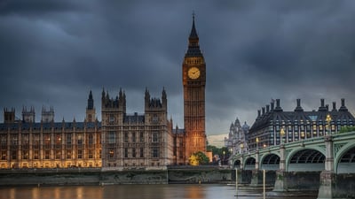 Bing wallpaper November 5, 2020. Houses of Parliament on a cloudy evening in London (© chbaum/Shutterstock)